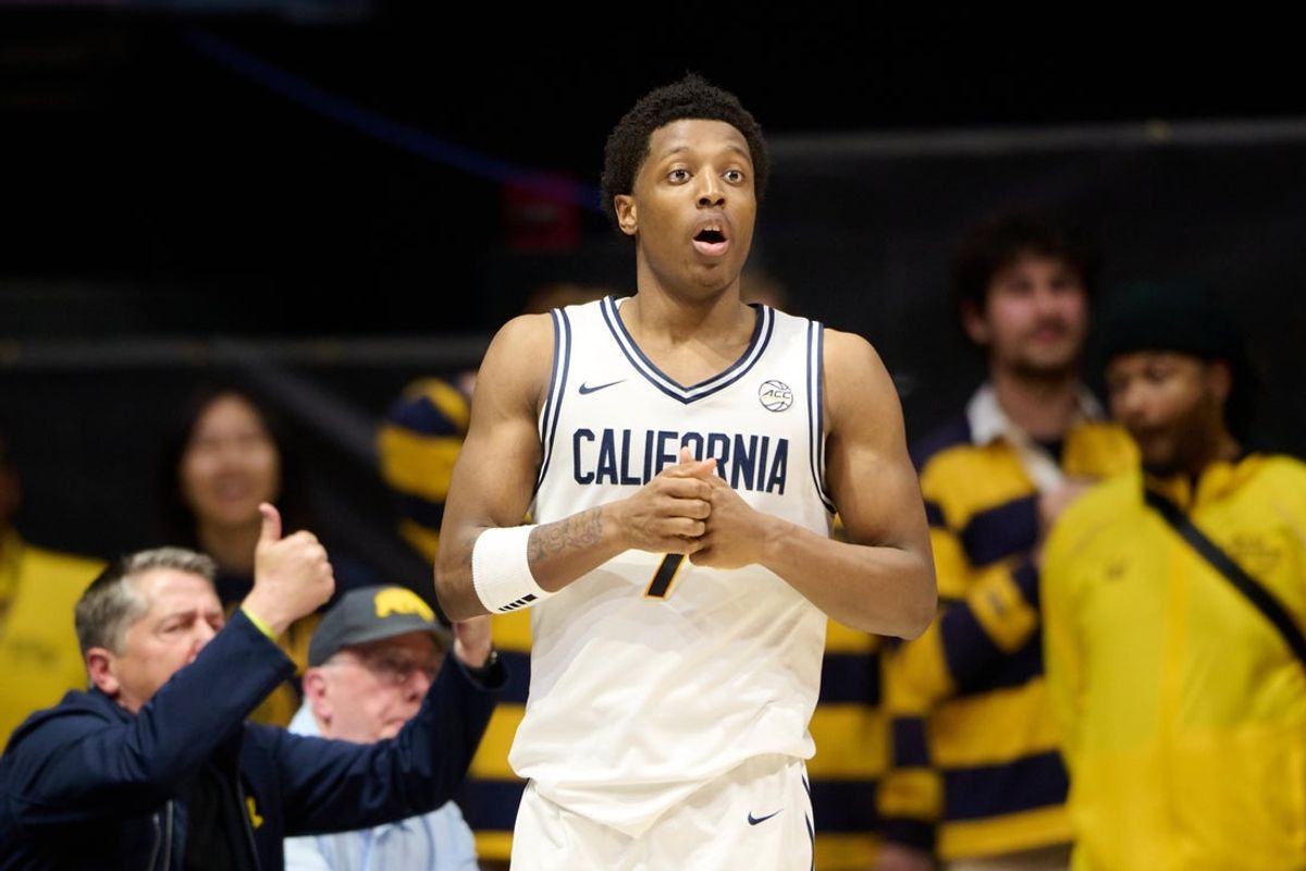 Feb 25, 2026; Berkeley, California, USA; California Golden Bears guard Dai Dai Ames (7) reacts after being charged with his fourth foul against the SMU Mustangs during the second half at Haas Pavilion. Mandatory Credit: Robert Edwards-Imagn Images