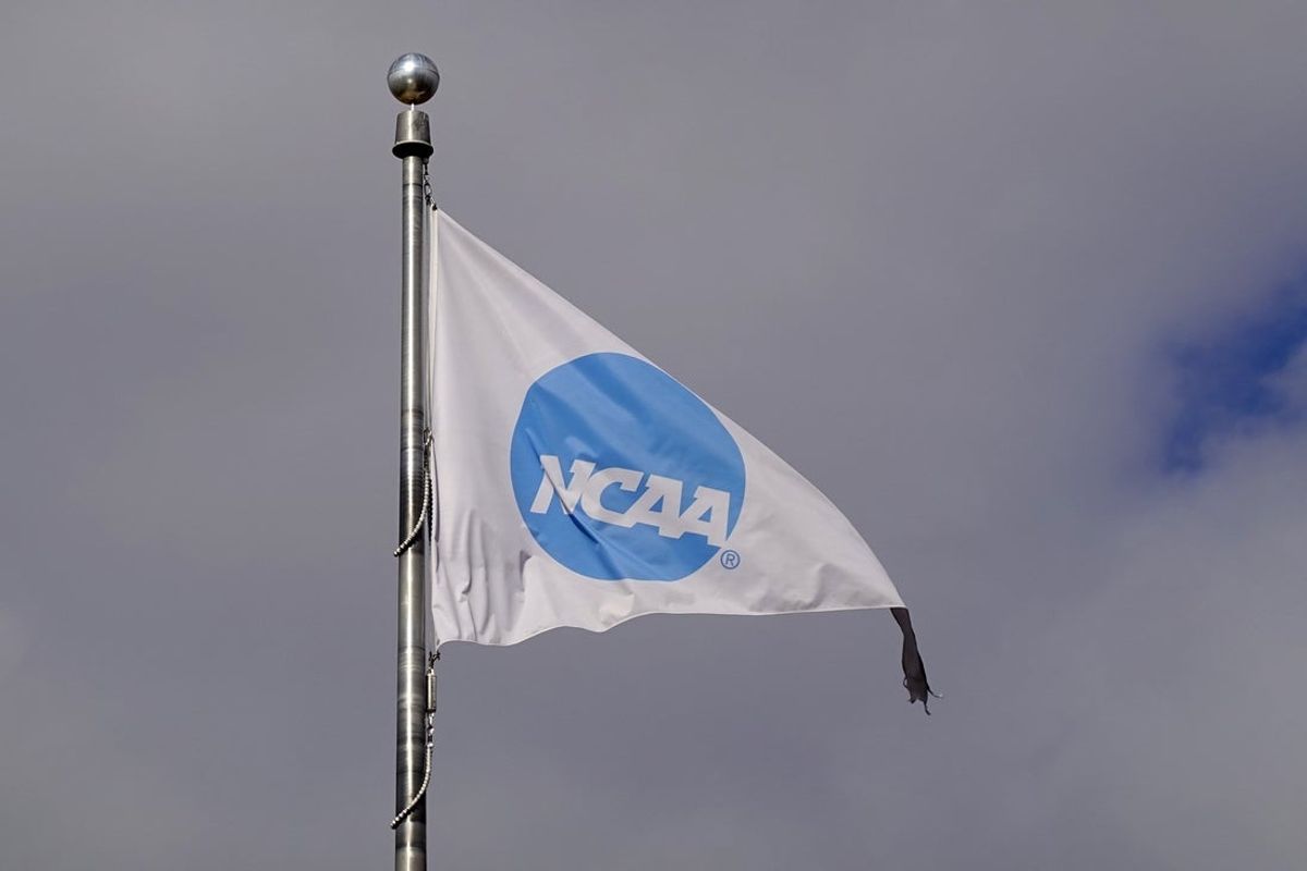 Feb 26, 2026; Indianapolis, IN, USA; A NCAA logo flag at the Hall of Champions at the NCAA National Office. Mandatory Credit: Kirby Lee-Imagn Images