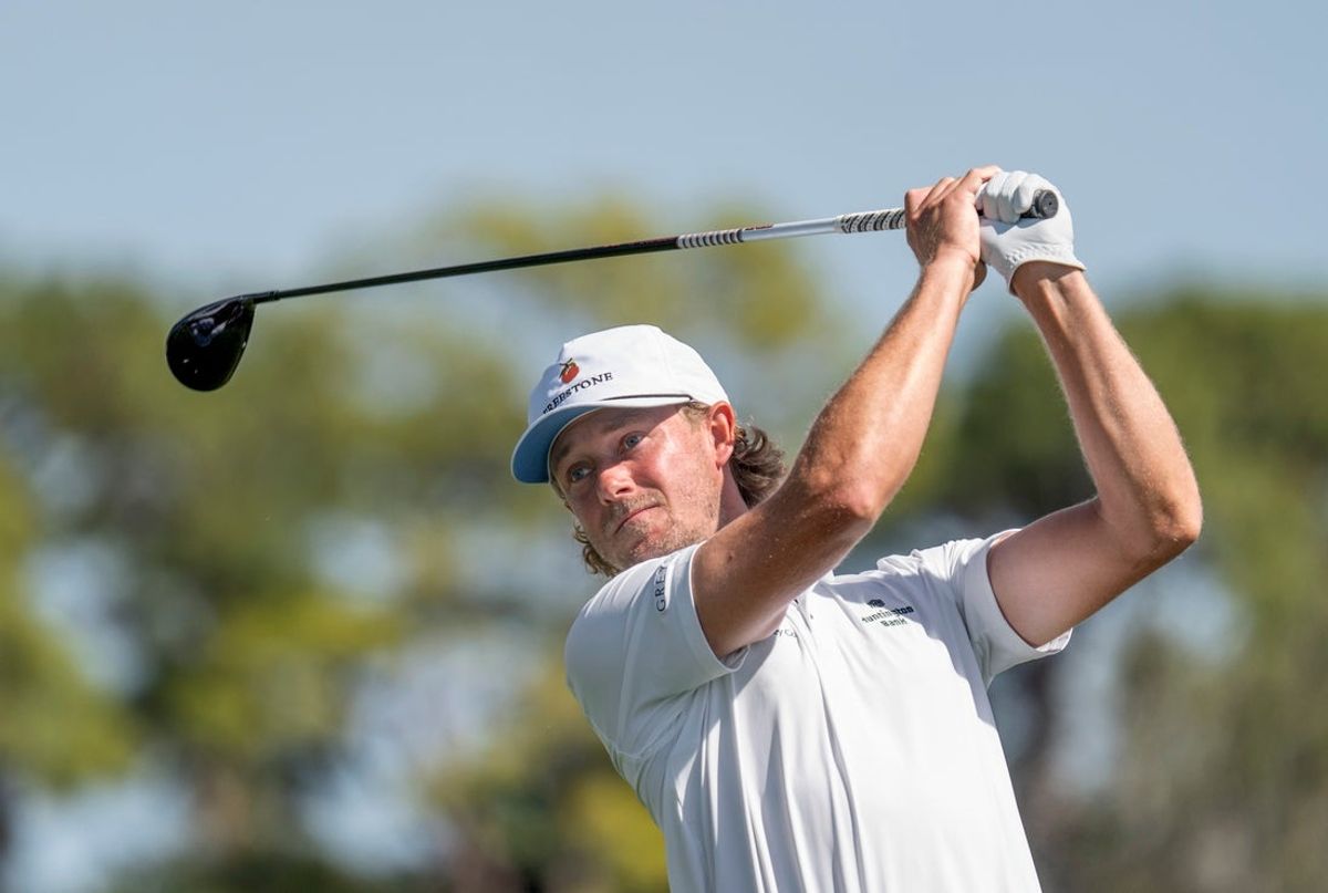 Austin Smotherman tees off on the 11th hole during the first round of the Cognizant Classic in the Palm Beaches on February 26, 2026, in Palm Beach Gardens, Florida.