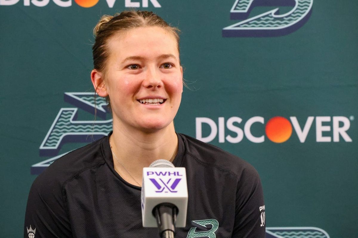 Olympian Haley Winn during a press conference at Boston Sports Institute in Wellesley on Thursday, Feb. 26, 2026. Winn was a defenseman as Team USA earned gold with a 2-1 win over Canada in the 2026 Olympic Games in Italy.