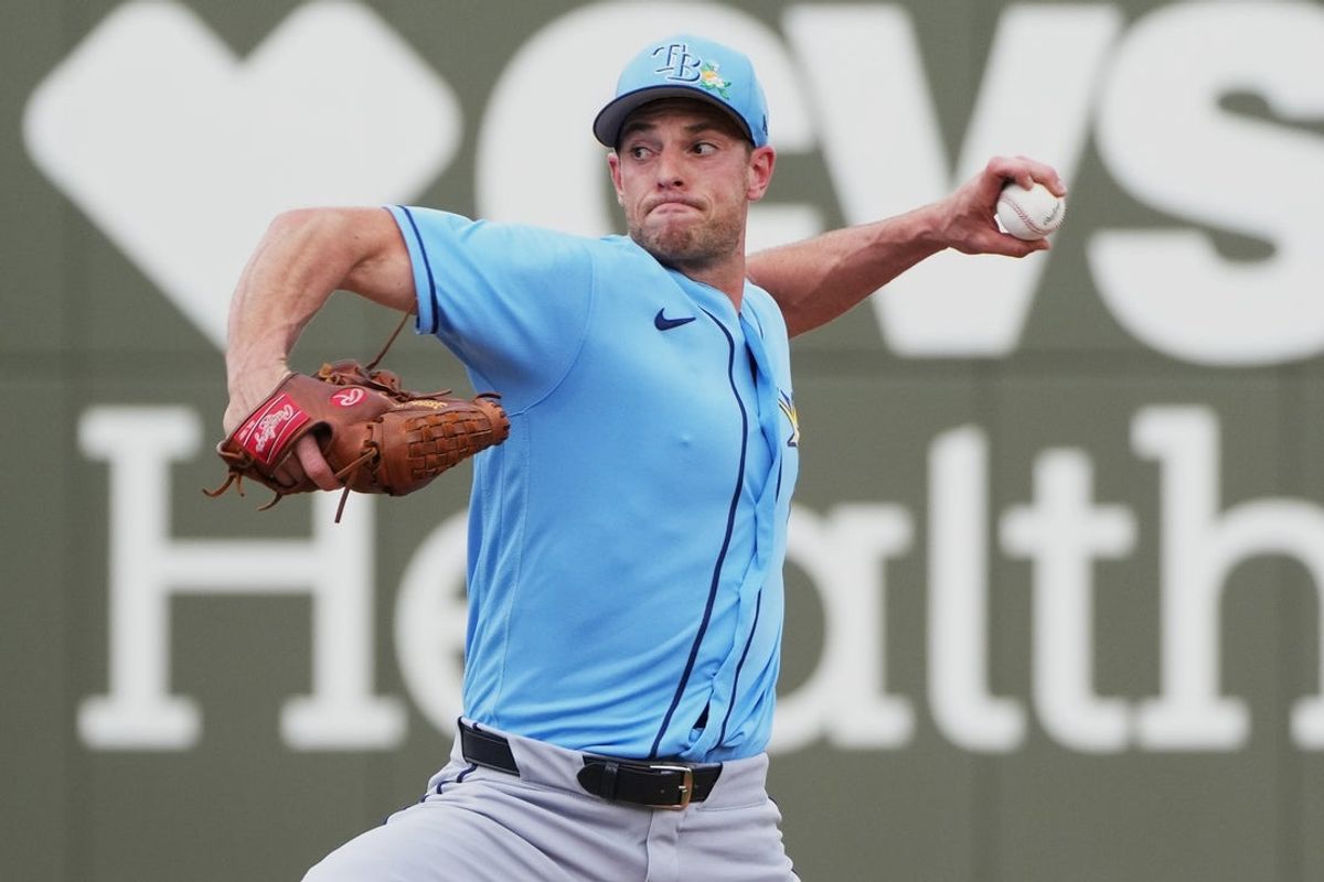 Feb 26, 2026; Fort Myers, Florida, USA;  Tampa Bay Rays pitcher Steven Matz (32) throws a pitch in the first inning against the Boston Red Sox at JetBlue Park at Fenway South. Mandatory Credit: Jim Rassol-Imagn Images