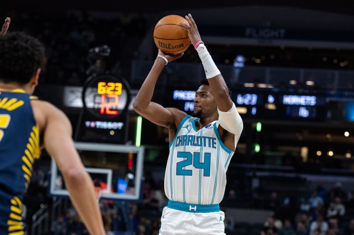 Feb 26, 2026; Indianapolis, Indiana, USA;  Charlotte Hornets forward Brandon Miller (24) shoots the ball in the first half against the Indiana Pacers at Gainbridge Fieldhouse. Mandatory Credit: Trevor Ruszkowski-Imagn Images