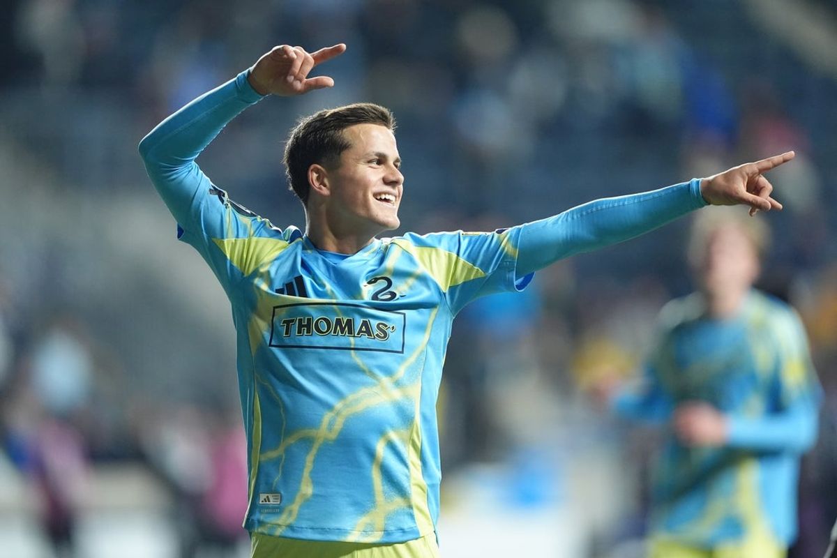 Feb 26, 2026; Chester, Pennsylvania, USA; Philadelphia Union midfielder Cavan Sullivan (6) reacts after scoring a goal against Defence Force FC in the second half at Subaru Park. Mandatory Credit: Kyle Ross-Imagn Images