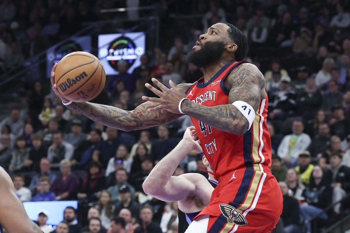 Feb 26, 2026; Salt Lake City, Utah, USA; New Orleans Pelicans guard Saddiq Bey (41) goes to the basket against the Utah Jazz during the first half at Delta Center. Mandatory Credit: Rob Gray-Imagn Images