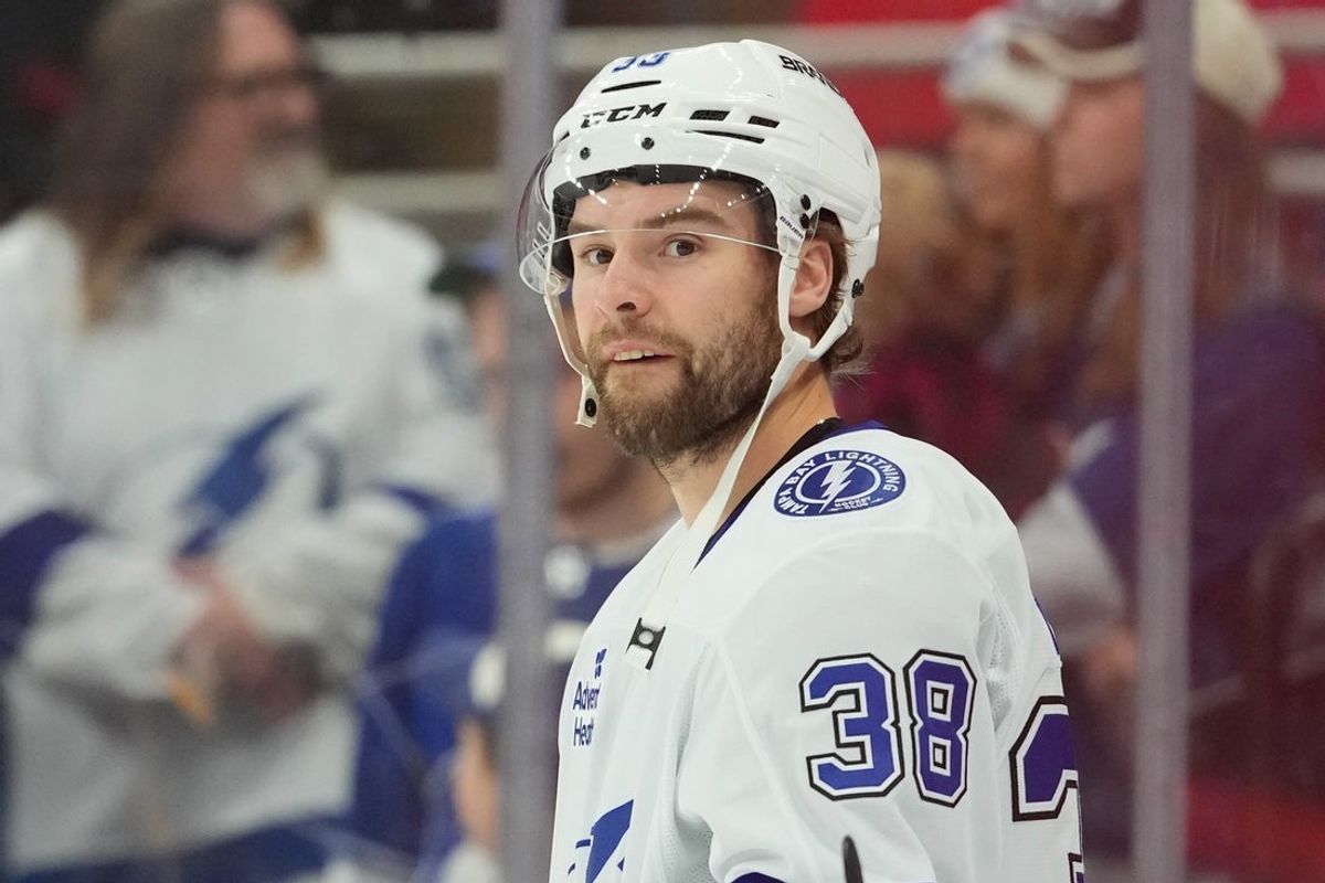 Feb 26, 2026; Raleigh, North Carolina, USA;  Tampa Bay Lightning left wing Brandon Hagel (38) looks on during the warmups before the game against the Carolina Hurricanes at Lenovo Center. Mandatory Credit: James Guillory-Imagn Images