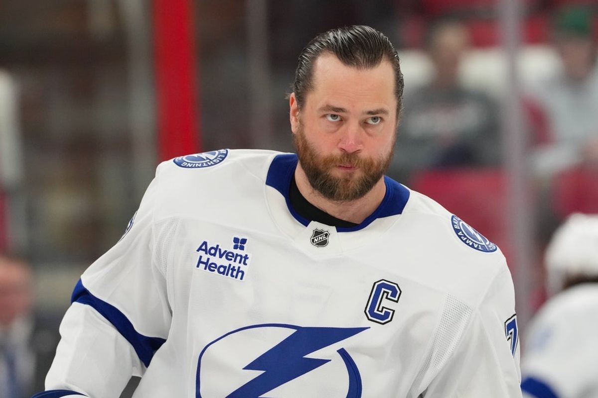 Feb 26, 2026; Raleigh, North Carolina, USA;  Tampa Bay Lightning defenseman Victor Hedman (77) looks on during the warmups before the game against the Carolina Hurricanes at Lenovo Center. Mandatory Credit: James Guillory-Imagn Images