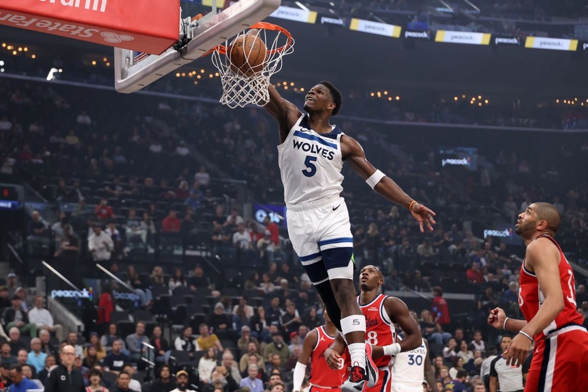 Feb 26, 2026; Inglewood, California, USA;   Minnesota Timberwolves guard Anthony Edwards (5) dunks the ball during the first quarter against the Los Angeles Clippers at Intuit Dome. Mandatory Credit: Kiyoshi Mio-Imagn Images