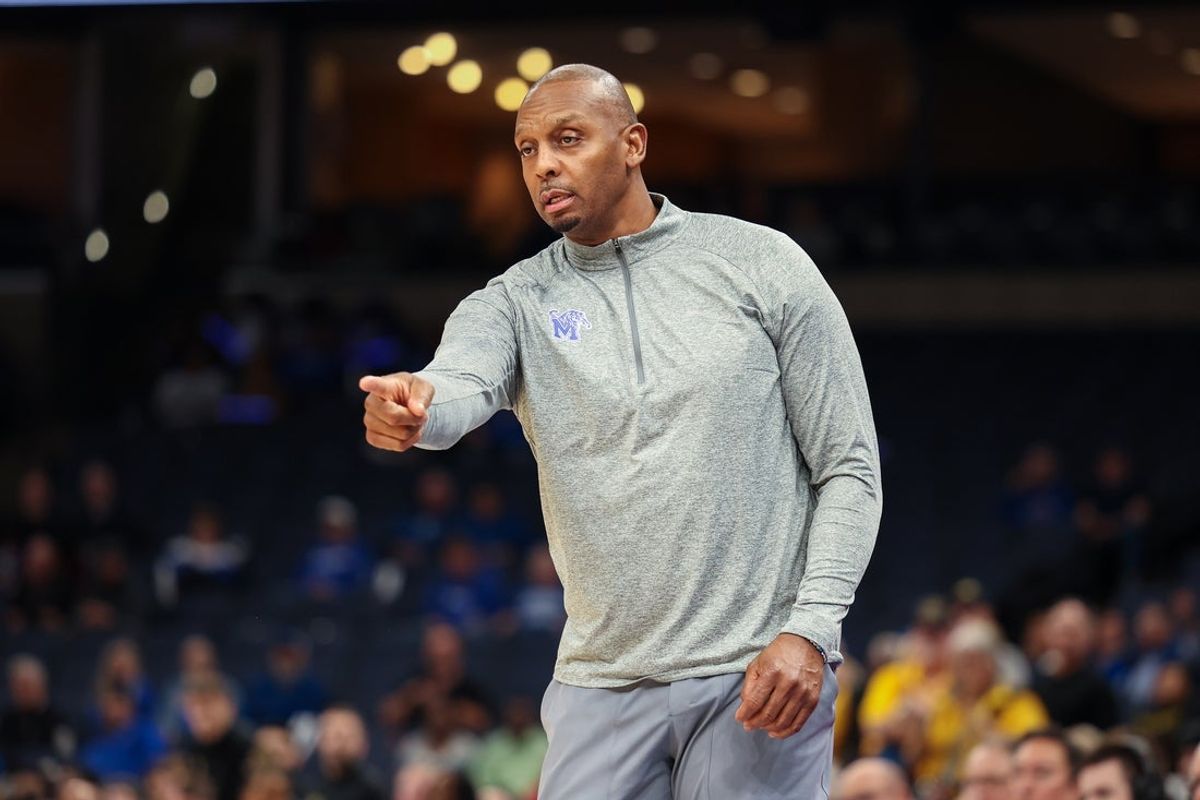Feb 26, 2026; Memphis, Tennessee, USA; Memphis Tigers Head Coach Penny Hardaway reacts against the Wichita State Shockers during the second half at FedExForum. Mandatory Credit: Wesley Hale-Imagn Images