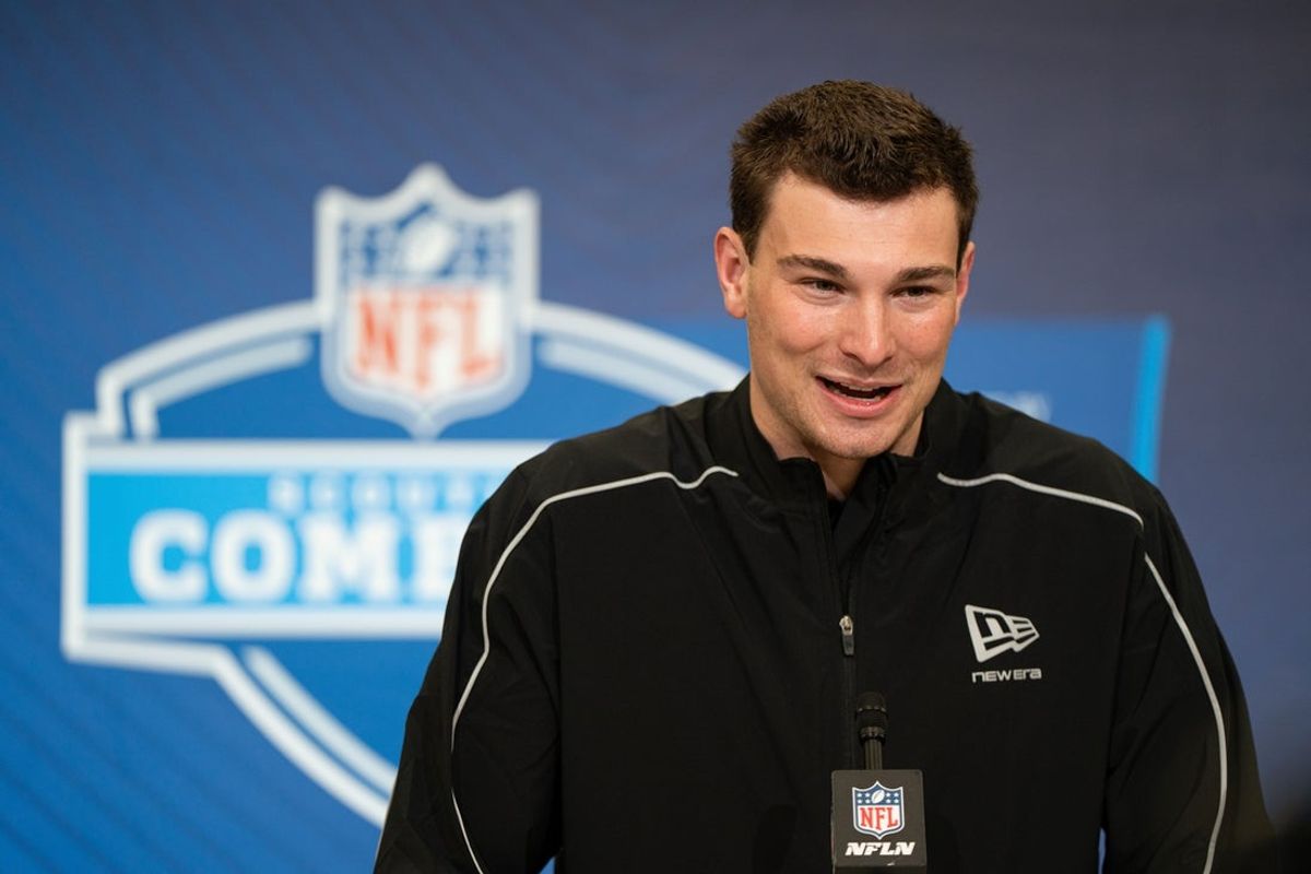 Feb 27, 2026; Indianapolis, IN, USA; Indiana quarterback Fernando Mendoza (QB11) speaks to members of the media during the NFL Combine at the Indiana Convention Center. Mandatory Credit: Jacob Musselman-Imagn Images