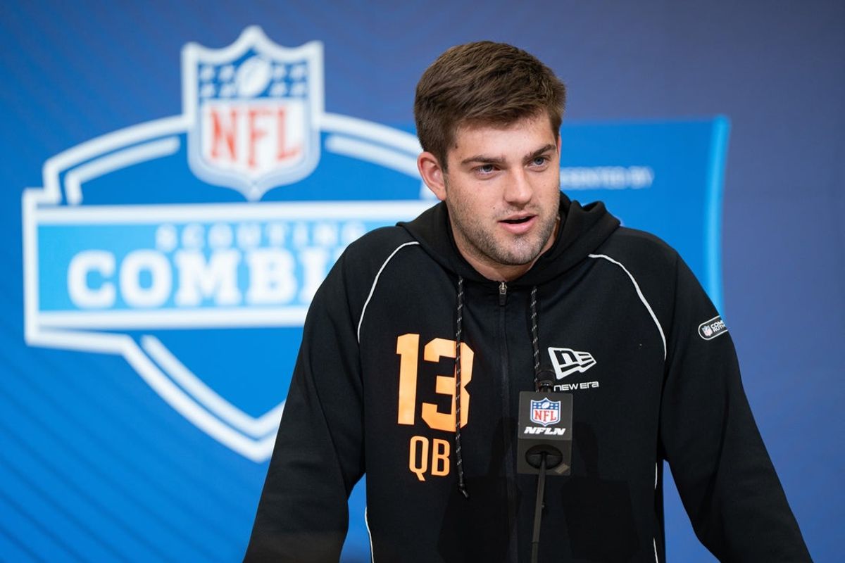 Feb 27, 2026; Indianapolis, IN, USA; LSU quarterback Garrett Nussmeier (QB13) speaks to members of the media during the NFL Combine at the Indiana Convention Center. Mandatory Credit: Jacob Musselman-Imagn Images