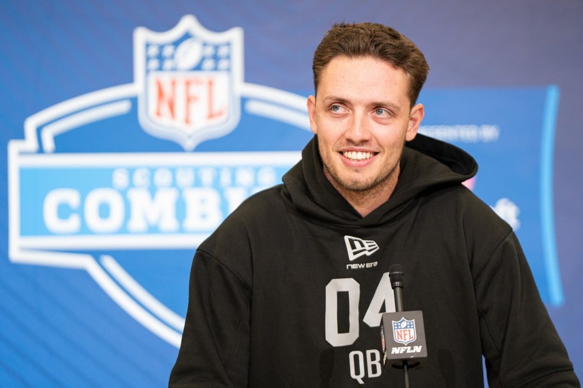 Feb 27, 2026; Indianapolis, IN, USA; Miami quarterback Carson Beck (QB04) speaks to members of the media during the NFL Combine at the Indiana Convention Center. Mandatory Credit: Jacob Musselman-Imagn Images