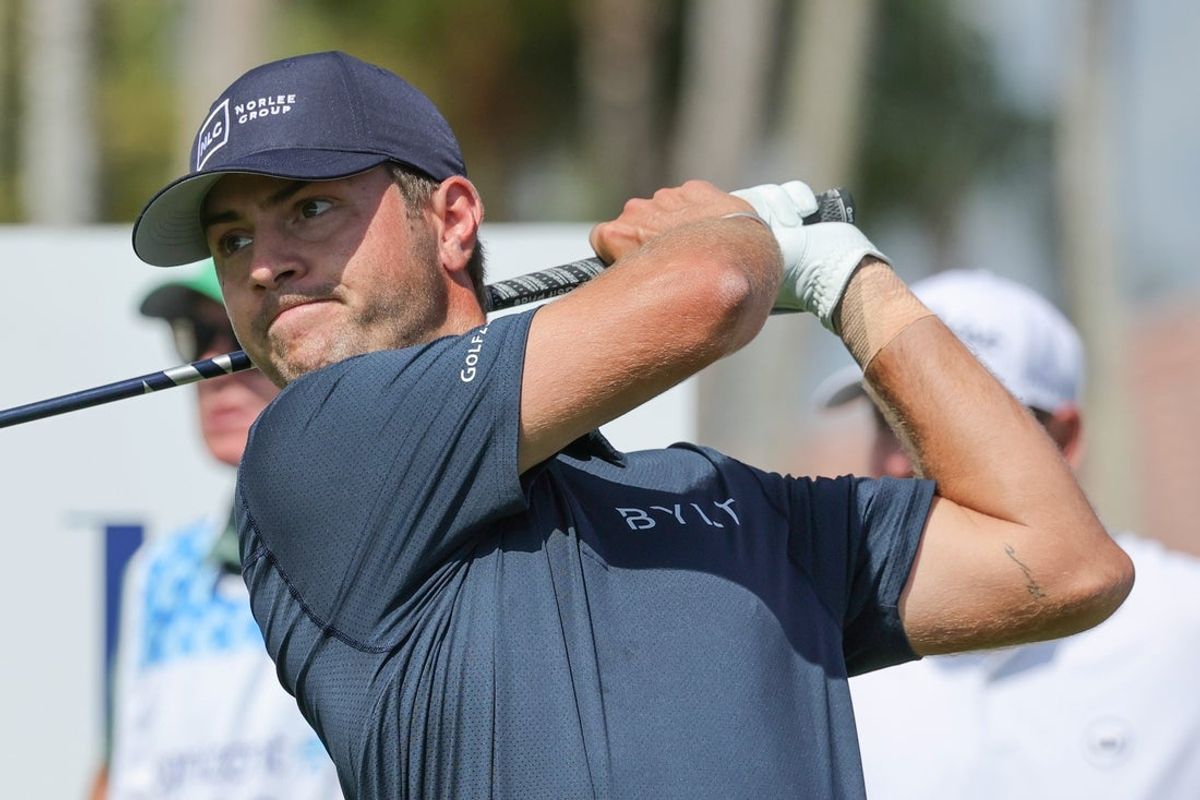Feb 27, 2026; Palm Beach Gardens, Florida, USA; Chandler Blanchet plays his shot from the tenth tee during the second round of the Cognizant Classic golf tournament. Mandatory Credit: Reinhold Matay-Imagn Images