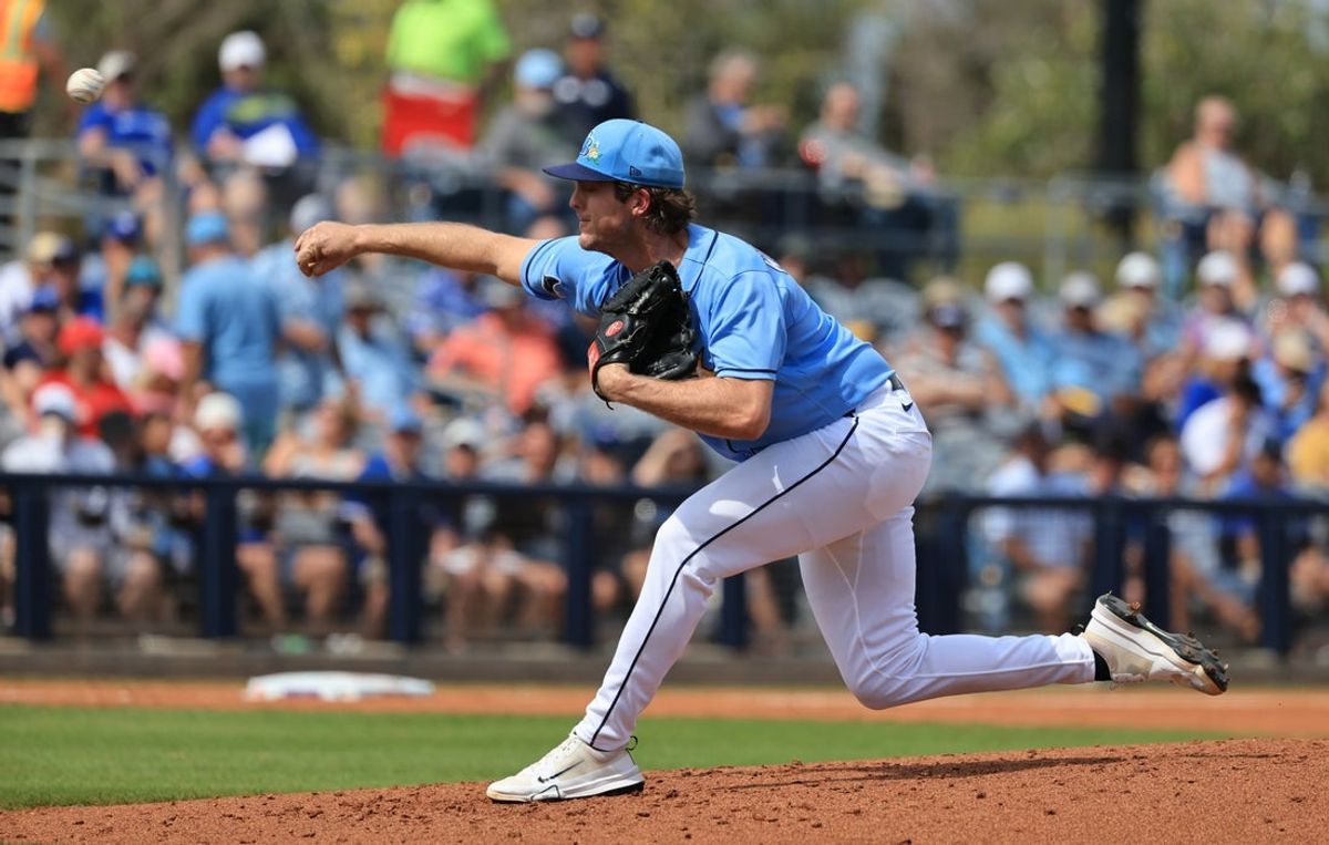 Feb 27, 2026; Port Charlotte, Florida, USA; Tampa Bay Rays pitcher Jake Woodford (41) throws a pitch during the third inning against the Toronto Blue Jays at Charlotte Sports Park. Mandatory Credit: Kim Klement Neitzel-Imagn Images