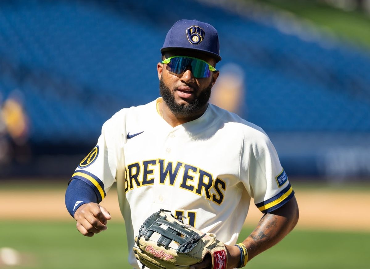 Feb 27, 2026; Phoenix, Arizona, USA; Milwaukee Brewers outfielder Jackson Chourio against the Chicago White Sox during a spring training game at American Family Fields of Phoenix. Mandatory Credit: Mark J. Rebilas-Imagn Images