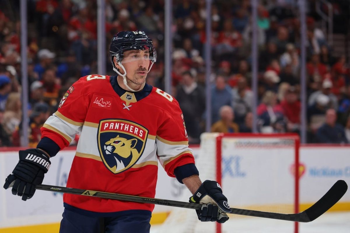 Feb 27, 2026; Sunrise, Florida, USA; Florida Panthers left wing Brad Marchand (63) looks on against the Buffalo Sabres during the first period at Amerant Bank Arena. Mandatory Credit: Sam Navarro-Imagn Images