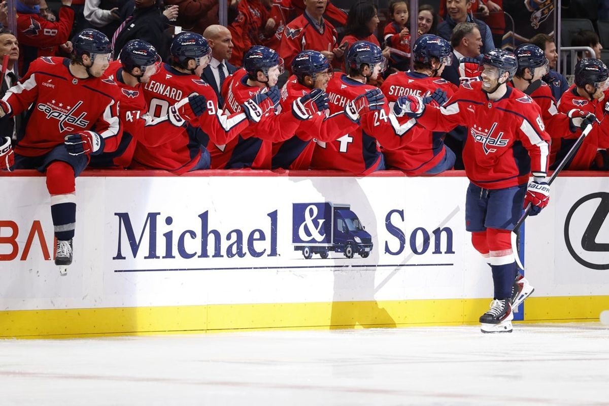 Feb 27, 2026; Washington, District of Columbia, USA; Washington Capitals left wing Pierre-Luc Dubois (80) celebrates with teammates after scoring a goal against the Vegas Golden Knights during the second period at Capital One Arena. Mandatory Credit: Geoff Burke-Imagn Images