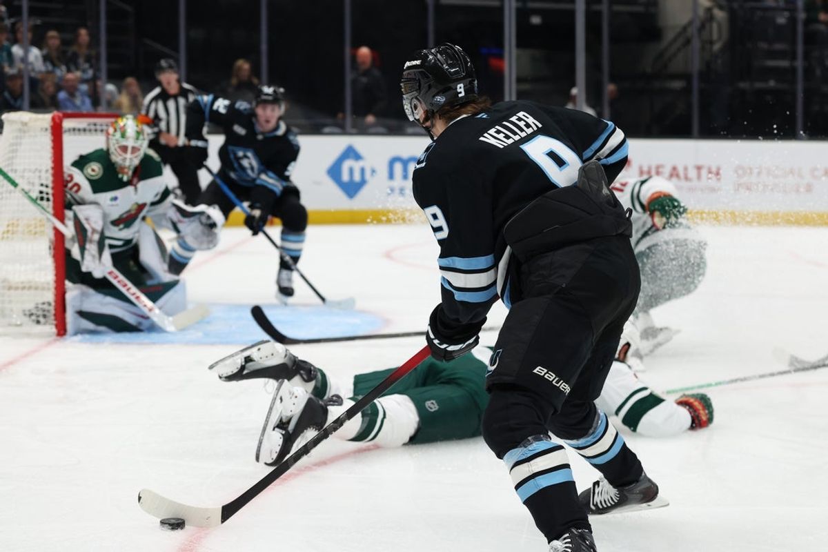 Feb 27, 2026; Salt Lake City, Utah, USA; Utah Mammoth right wing Clayton Keller (9) looks to shoot against the Minnesota Wild during the second period at Delta Center. Mandatory Credit: Rob Gray-Imagn Images