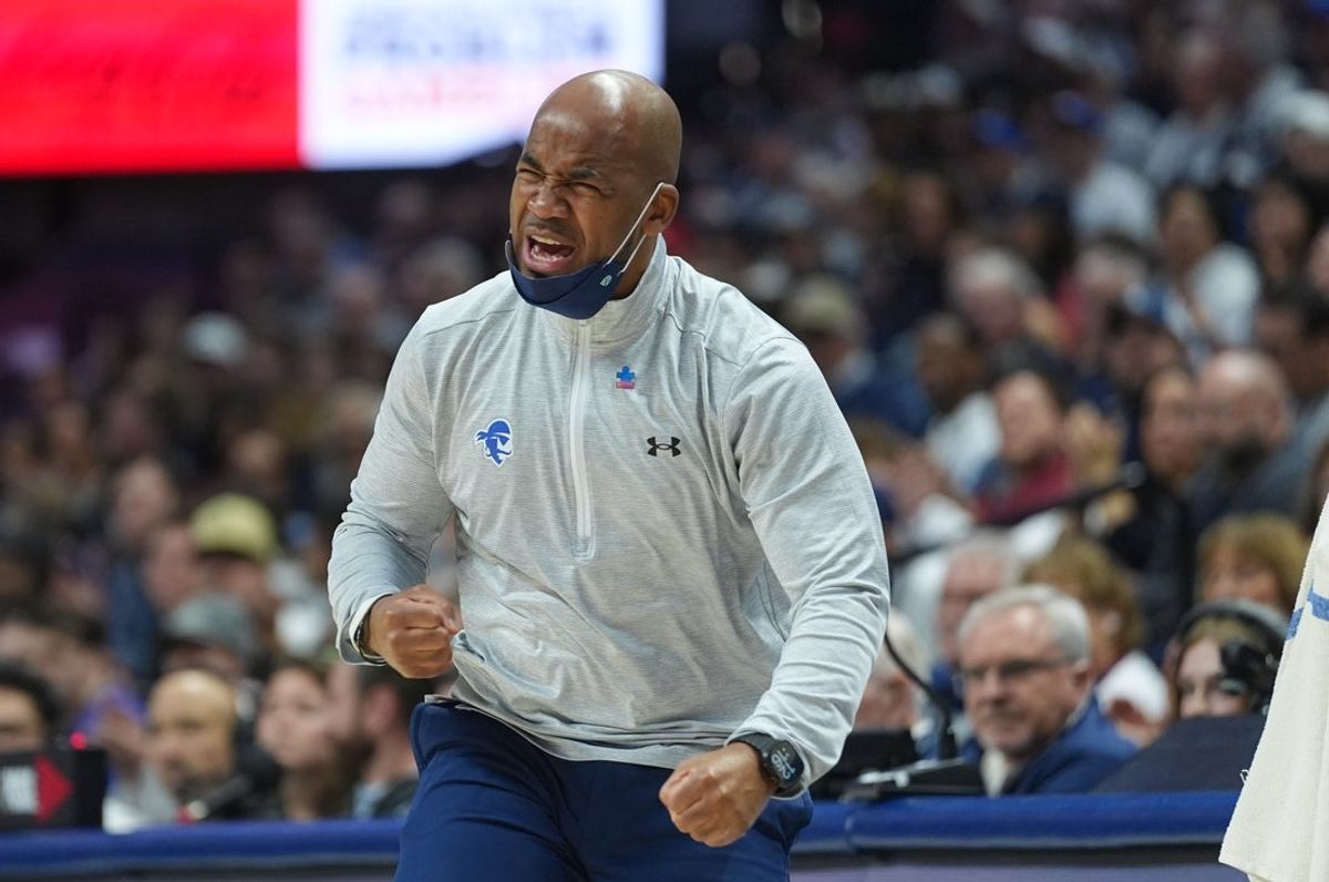 Feb 28, 2026; Storrs, Connecticut, USA; Seton Hall Pirates head coach Shaheen Holloway watched from the sideline as they take on the UConn Huskies at Harry A. Gampel Pavilion. Mandatory Credit: David Butler II-Imagn Images