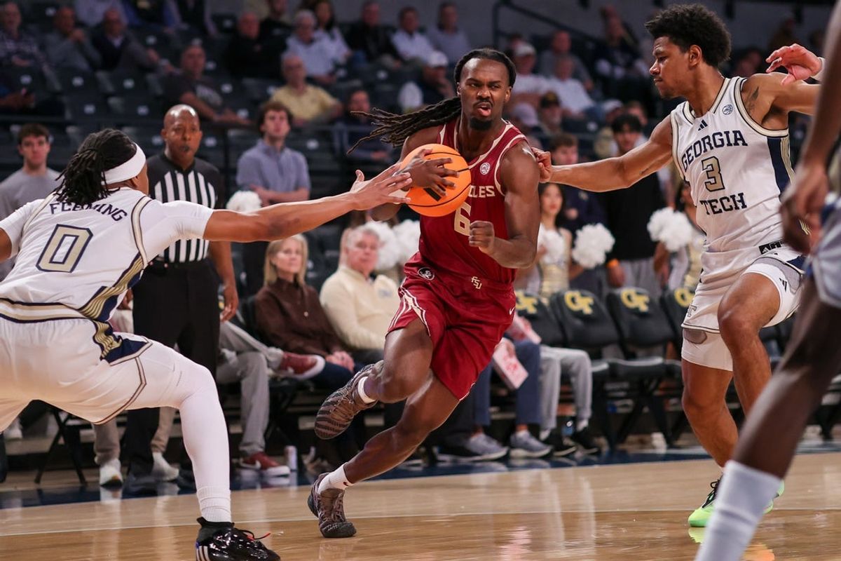 Feb 28, 2026; Atlanta, Georgia, USA; Florida State Seminoles guard Robert McCray V. (6) drives to the basket against the Georgia Tech Yellow Jackets in the first half at McCamish Pavilion. Mandatory Credit: Brett Davis-Imagn Images