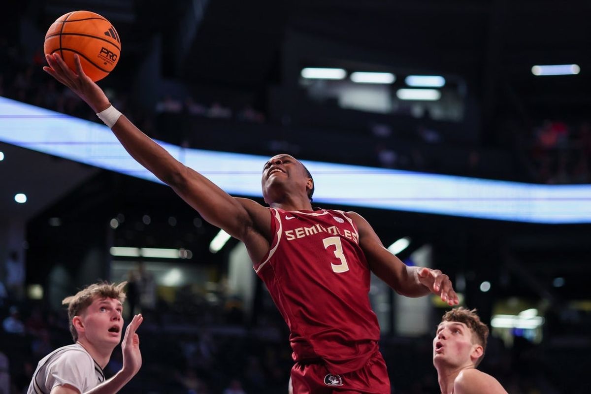 Feb 28, 2026; Atlanta, Georgia, USA; Florida State Seminoles guard Thomas Bassong (3) shoots against the Georgia Tech Yellow Jackets in the first half at McCamish Pavilion. Mandatory Credit: Brett Davis-Imagn Images