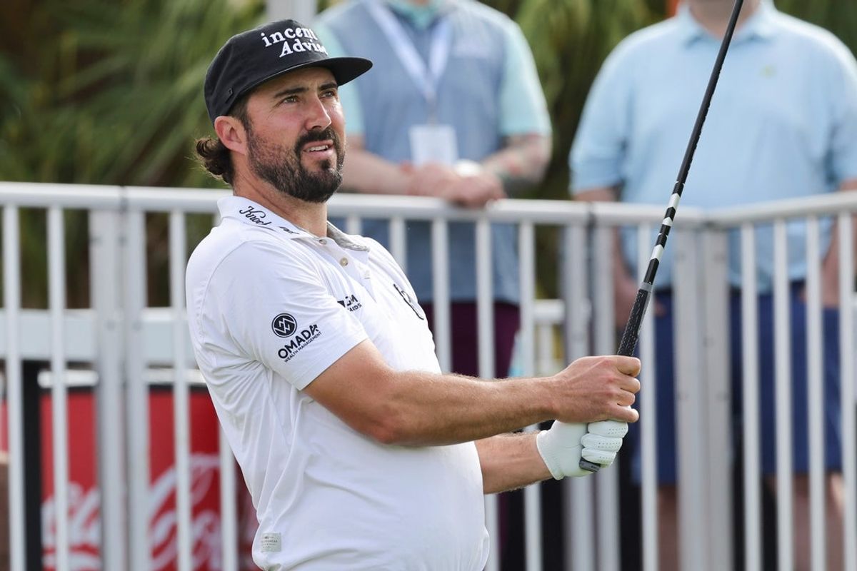 Feb 28, 2026; Palm Beach Gardens, Florida, USA;  Mark Hubbard plays his shot from the first tee during the third round of the Cognizant Classic golf tournament. Mandatory Credit: Reinhold Matay-Imagn Images