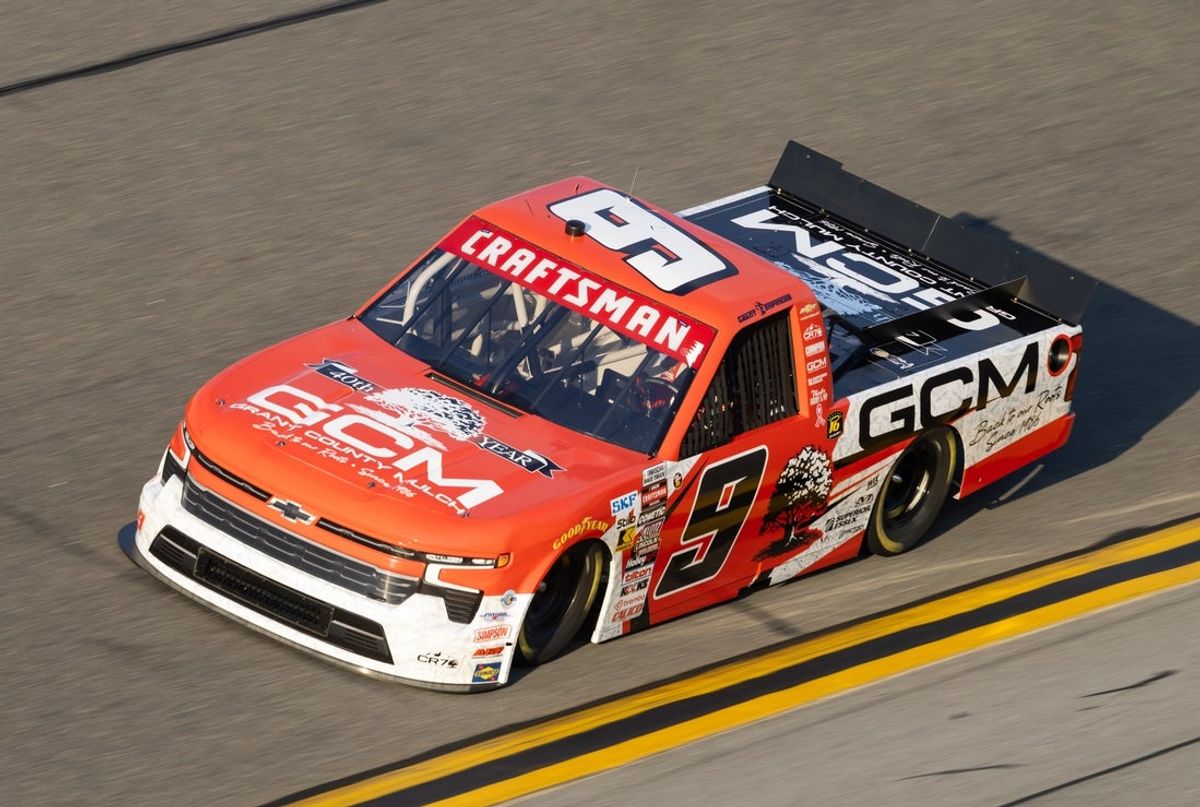 Feb 12, 2026; Daytona Beach, Florida, USA; NASCAR Truck Series driver Grant Enfinger (9) during practice for the Fresh from Florida 250 at Daytona International Speedway. Mandatory Credit: Mark J. Rebilas-Imagn Images