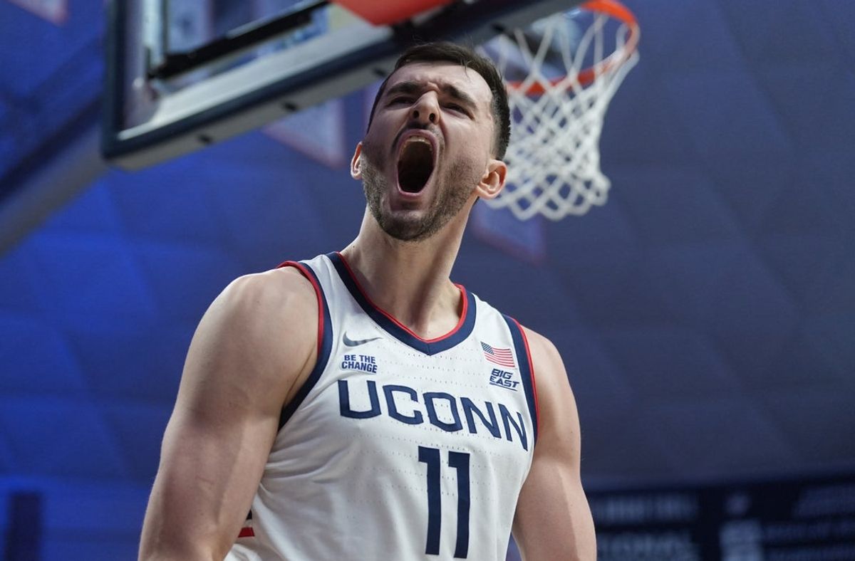 Feb 28, 2026; Storrs, Connecticut, USA; UConn Huskies forward Alex Karaban (11) reacts after a play against the Seton Hall Pirates in the second half at Harry A. Gampel Pavilion. Mandatory Credit: David Butler II-Imagn Images