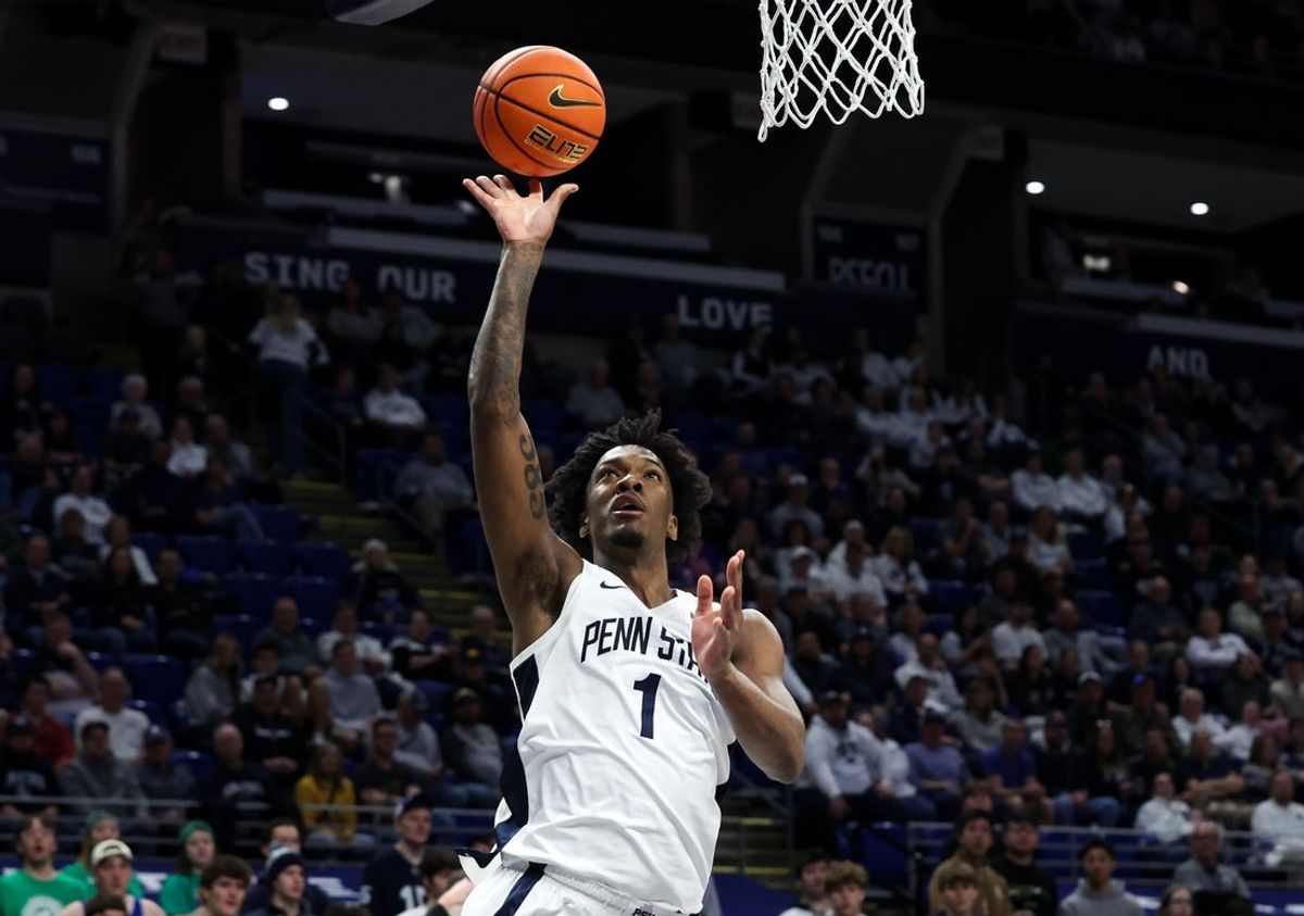 Feb 28, 2026; University Park, Pennsylvania, USA; Penn State Nittany Lions forward Mason Blackwood (1) drives the ball to the basket during the first half against the Iowa Hawkeyes at Bryce Jordan Center. Mandatory Credit: Matthew O'Haren-Imagn Images