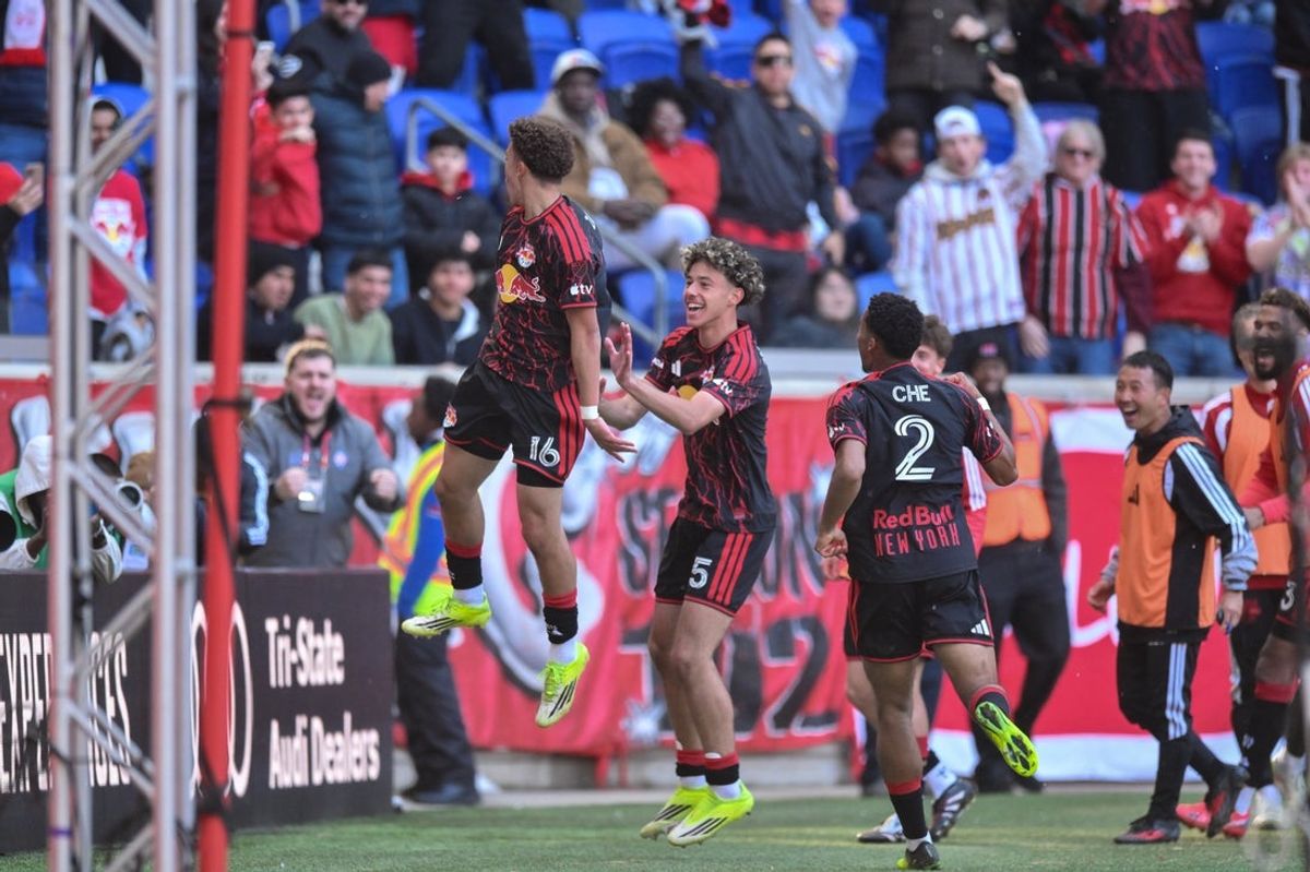 Feb 28, 2026; Harrison, New Jersey, USA; Red Bull New York forward Julian Hall (16) reacts after scoring a goal against the New England Revolution during the second half at Sports Illustrated Stadium. Mandatory Credit: John Jones-Imagn Images