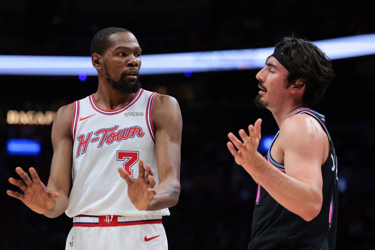 Feb 28, 2026; Miami, Florida, USA; Houston Rockets forward Kevin Durant (7) argues with Miami Heat forward Jaime Jaquez Jr. (11) during the first quarter at Kaseya Center. Mandatory Credit: Sam Navarro-Imagn Images