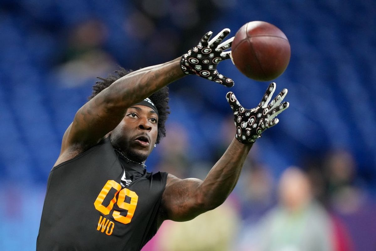 Feb 28, 2026; Indianapolis, IN, USA; Georgia wideout Zachariah Branch (WO09) during the NFL Scouting Combine at Lucas Oil Stadium. Mandatory Credit: Kirby Lee-Imagn Images