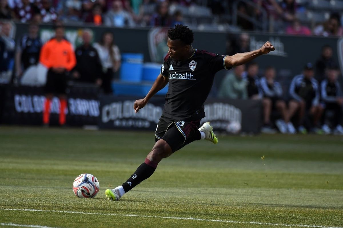 Feb 28, 2026; Commerce City, Colorado, USA; Colorado Rapids midfielder Hamzat Ojediran (8) shoots the ball during the first half against the Portland Timbers at Dick's Sporting Goods Park. Mandatory Credit: Christopher Hanewinckel-Imagn Images