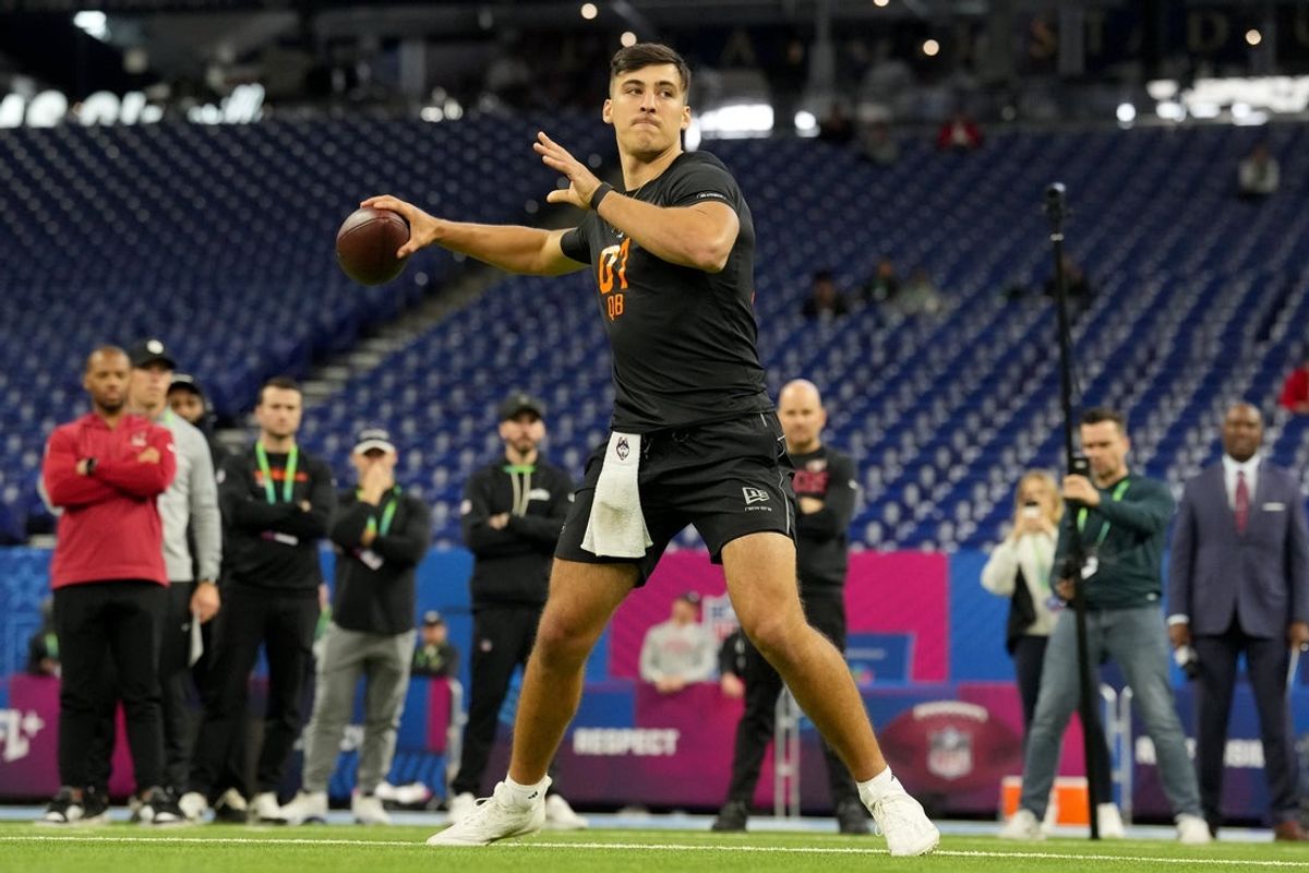 Feb 28, 2026; Indianapolis, IN, USA; UConn quarterback Joe Fagnano (QB07) during the NFL Scouting Combine at Lucas Oil Stadium. Mandatory Credit: Kirby Lee-Imagn Images