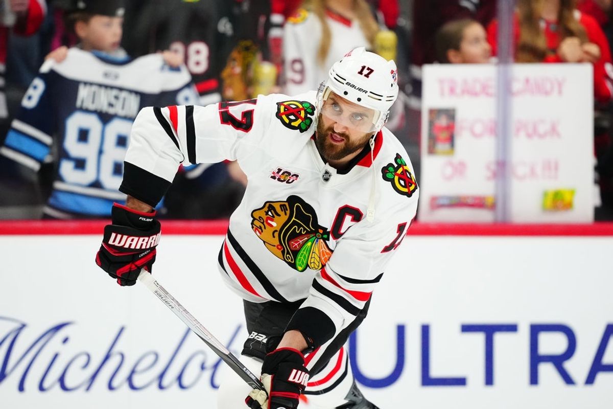 Feb 28, 2026; Denver, Colorado, USA; Chicago Blackhawks left wing Nick Foligno (17) warms up before the game against the Colorado Avalanche at Ball Arena. Mandatory Credit: Ron Chenoy-Imagn Images