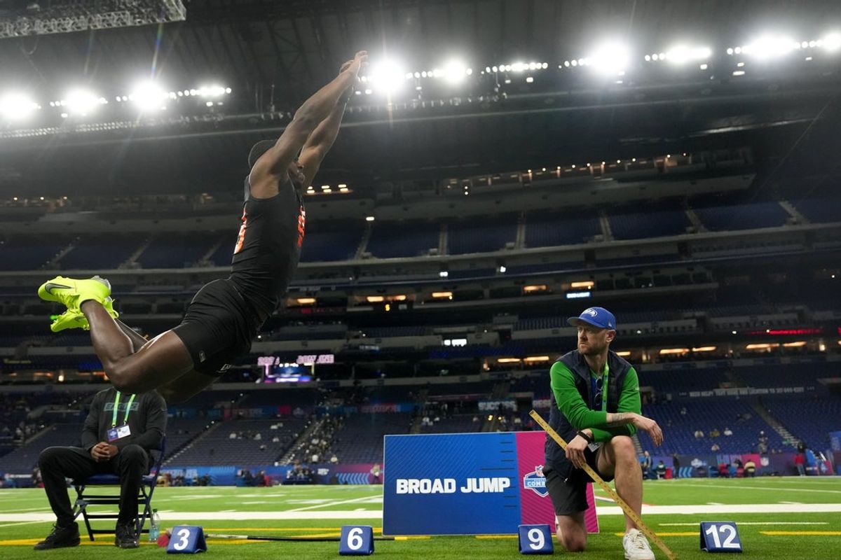 Feb 28, 2026; Indianapolis, IN, USA; Kentucky wideout Kendrick Law (WO28) during the NFL Scouting Combine at Lucas Oil Stadium. Mandatory Credit: Kirby Lee-Imagn Images