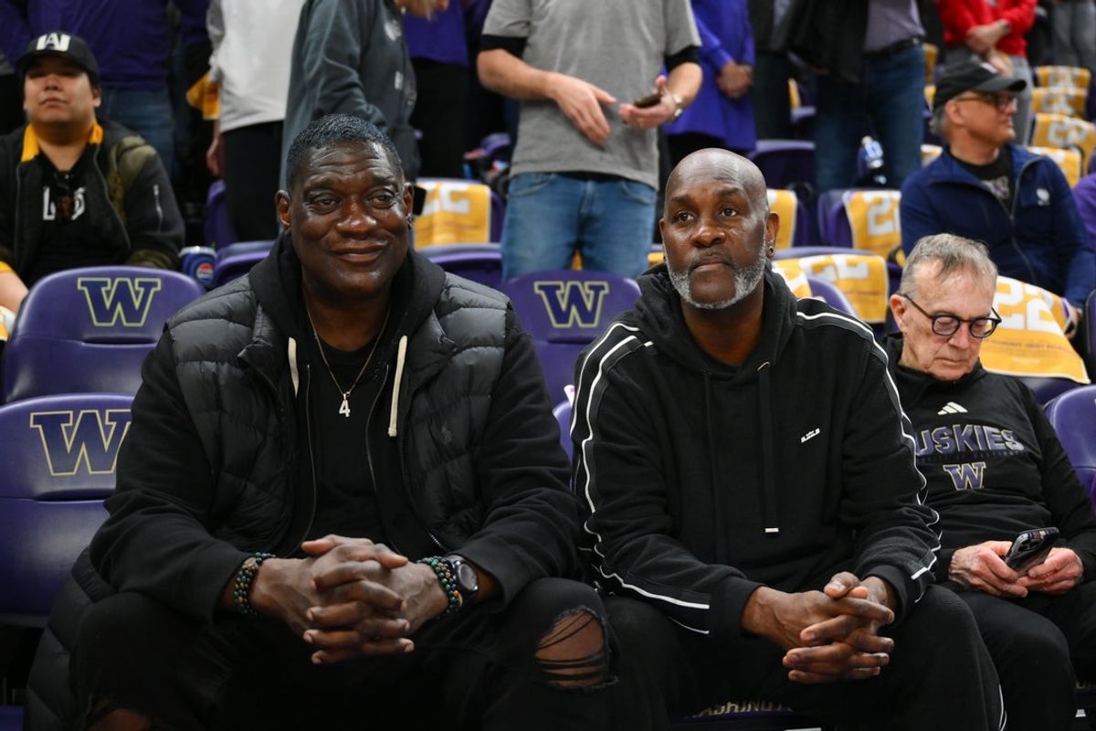 Feb 28, 2026; Seattle, Washington, USA; Former NBA players Shawn Kemp and Gary Payton before the game between the Washington Huskies and the Wisconsin Badgers at Alaska Airlines Arena at Hec Edmundson Pavilion. Mandatory Credit: Steven Bisig-Imagn Images