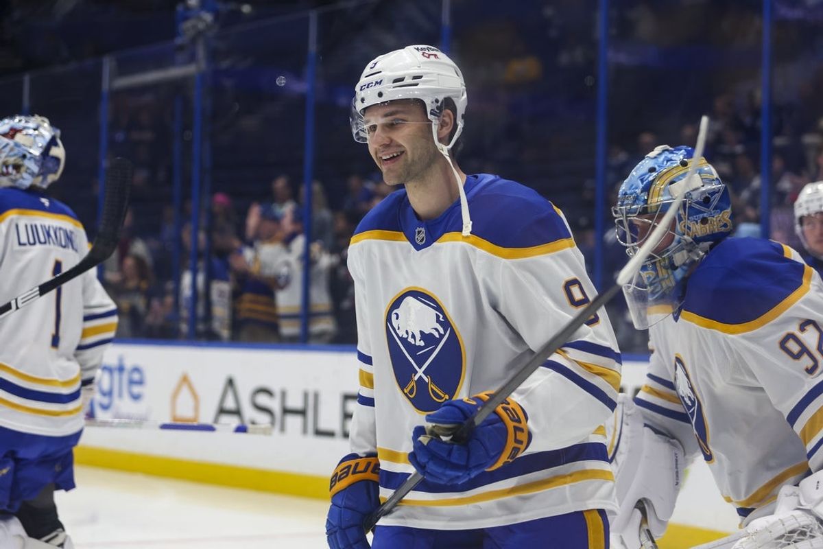Feb 28, 2026; Tampa, Florida, USA; Buffalo Sabres forward Josh Norris (9) before the game against the Tampa Bay Lightning at Benchmark International Arena. Mandatory Credit: Morgan Tencza-Imagn Images