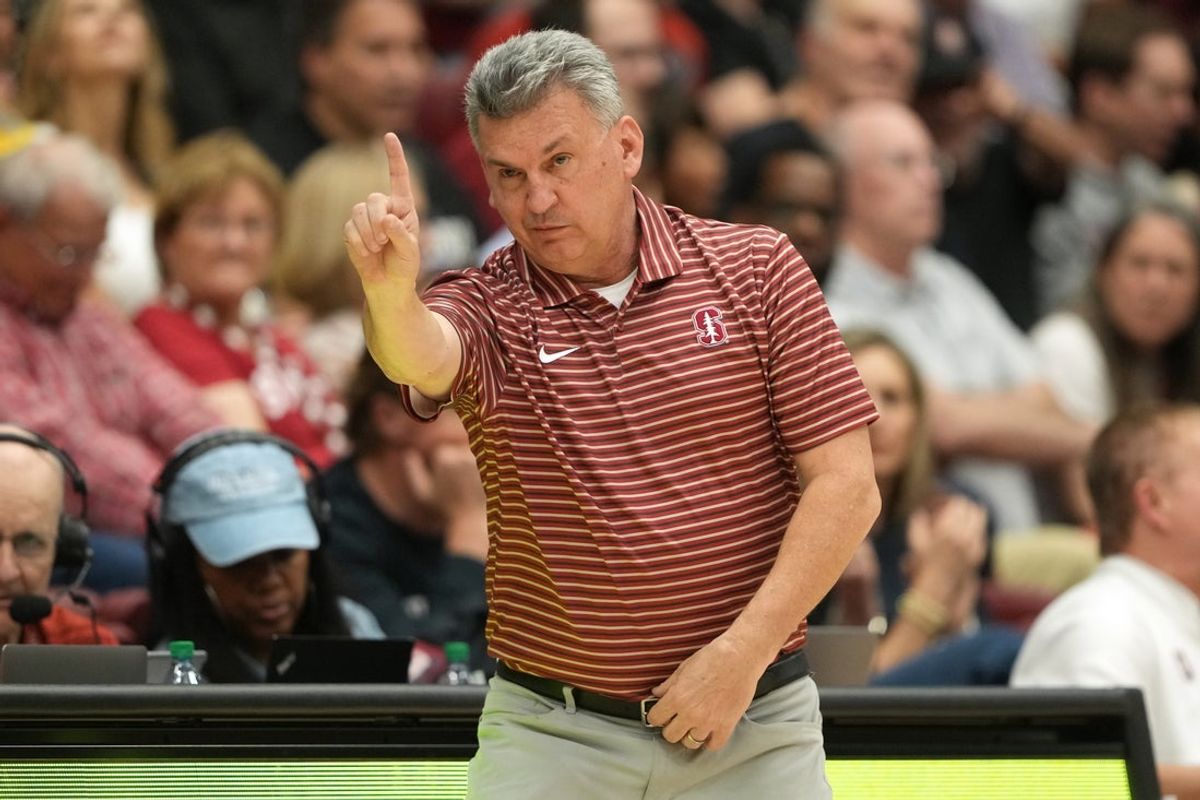 Feb 28, 2026; Stanford, California, USA; Stanford Cardinal head coach Kyle Smith gestures during the first half against the Southern Methodist University Mustangs at Maples Pavilion. Mandatory Credit: Darren Yamashita-Imagn Images