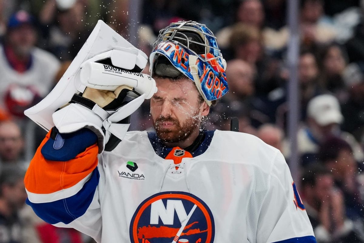 Feb 28, 2026; Columbus, Ohio, USA;  New York Islanders goaltender Ilya Sorokin (30) sprays his face with water during a stop in play against the Columbus Blue Jackets in the second period at Nationwide Arena. Mandatory Credit: Aaron Doster-Imagn Images