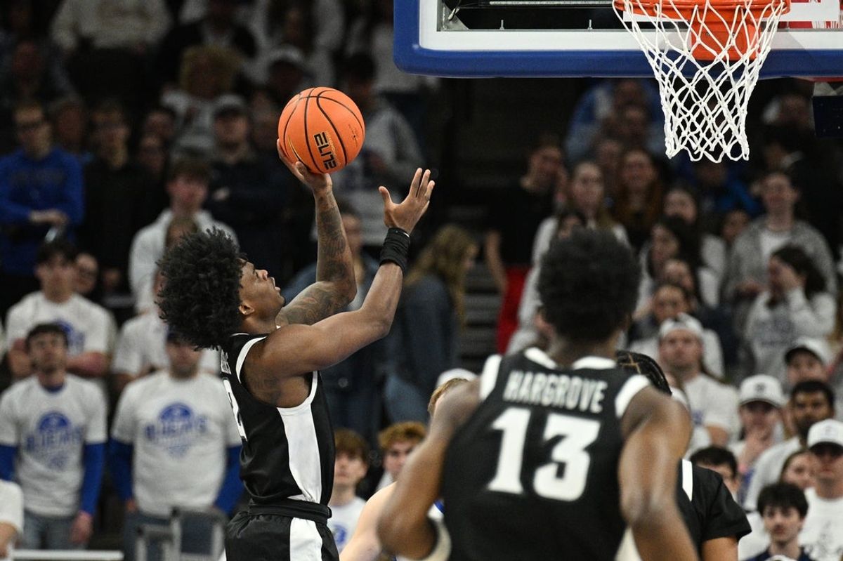 Feb 28, 2026; Omaha, Nebraska, USA;  Providence Friars guard Jaylin Sellers (2) scores against the Creighton Bluejays during the second half at CHI Health Center Omaha. Mandatory Credit: Steven Branscombe-Imagn Images