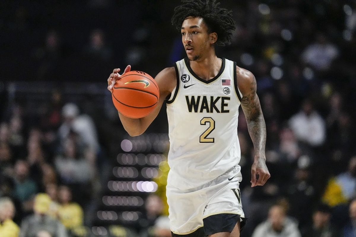 Feb 28, 2026; Winston-Salem, North Carolina, USA; Wake Forest Demon Deacons forward Juke Harris (2) brings the ball up court during the first half against the Syracuse Orange at Lawrence Joel Veterans Memorial Coliseum. Mandatory Credit: Jim Dedmon-Imagn Images