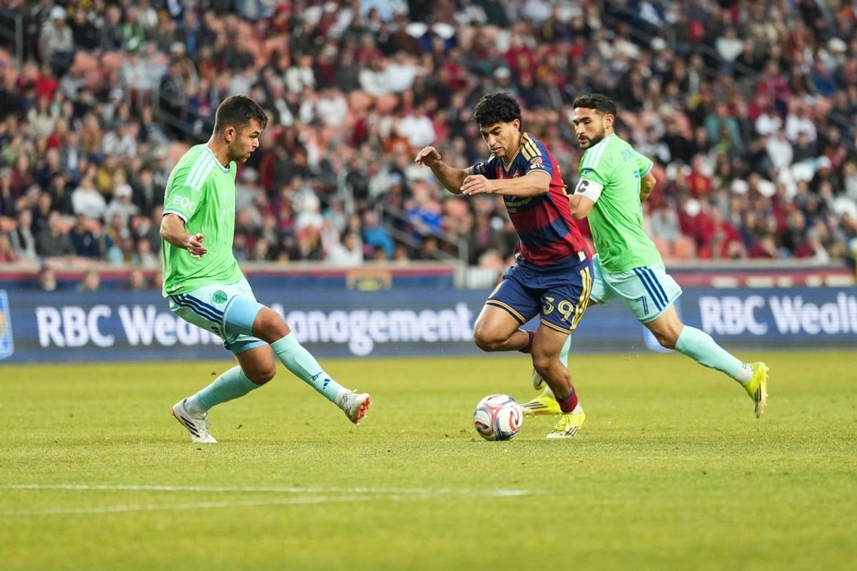 Feb 28, 2026; Sandy, Utah, USA; Real Salt Lake forward Aiden Hezarkhani (39) controls the ball in the first half against the Seattle Sounders at America First Field. Mandatory Credit: Aaron Baker-Imagn Images