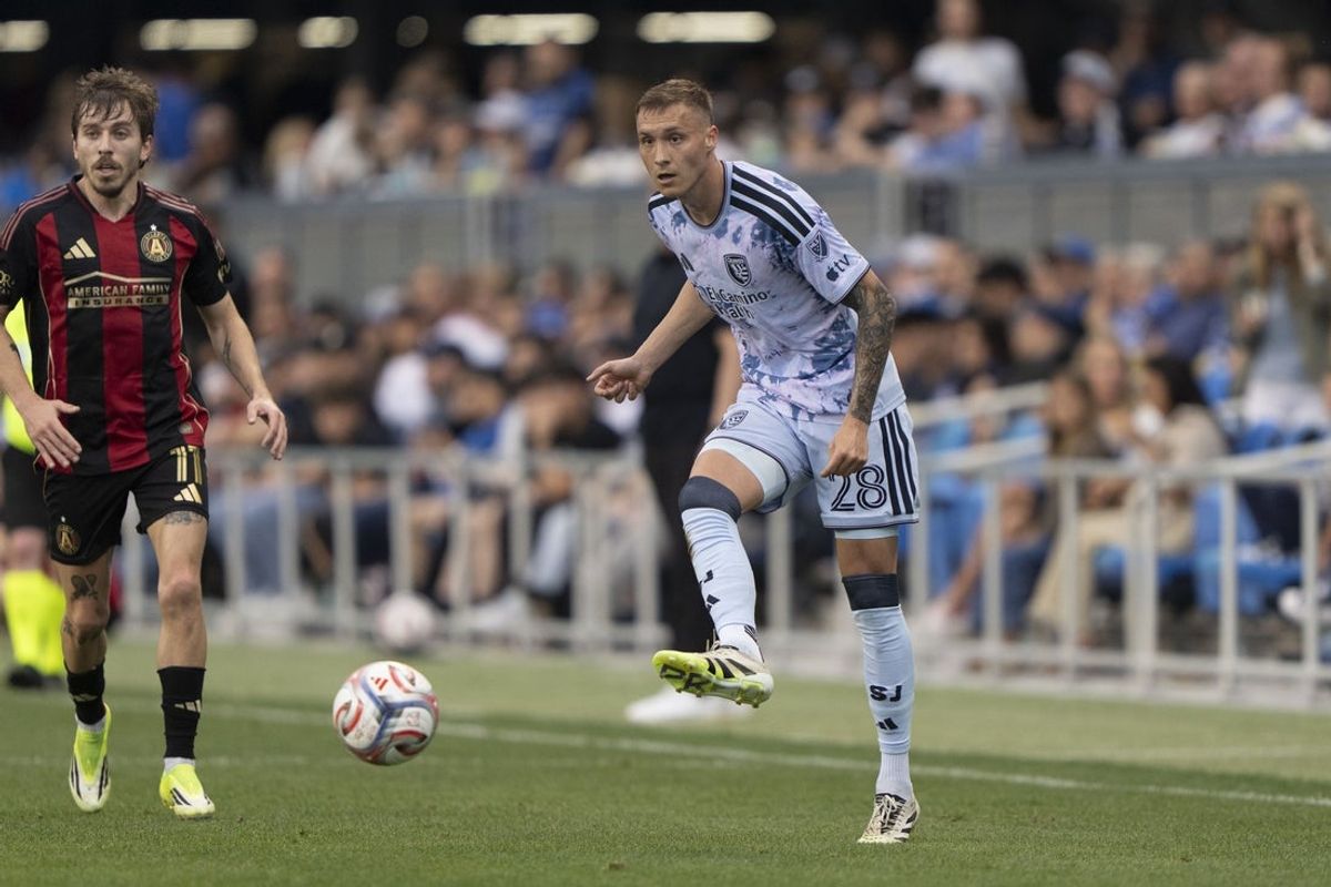 Feb 28, 2026; San Jose, California, USA;  San Jose Earthquakes forward Benjamin Kikanovic (28) passes the ball during the first half against the Atlanta United FC at PayPal Park. Mandatory Credit: Stan Szeto-Imagn Images