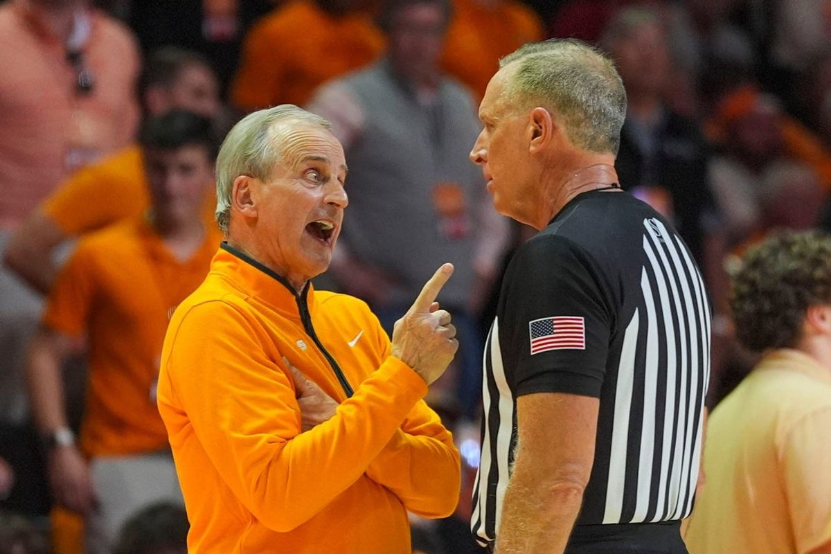 Tennessee coach Rick Barnes speaks with the referee during a NCAA basketball game between Tennessee and Alabama at Thompson-Boling Arena at Food City Center in Knoxville, Tenn., on Feb. 28, 2026.