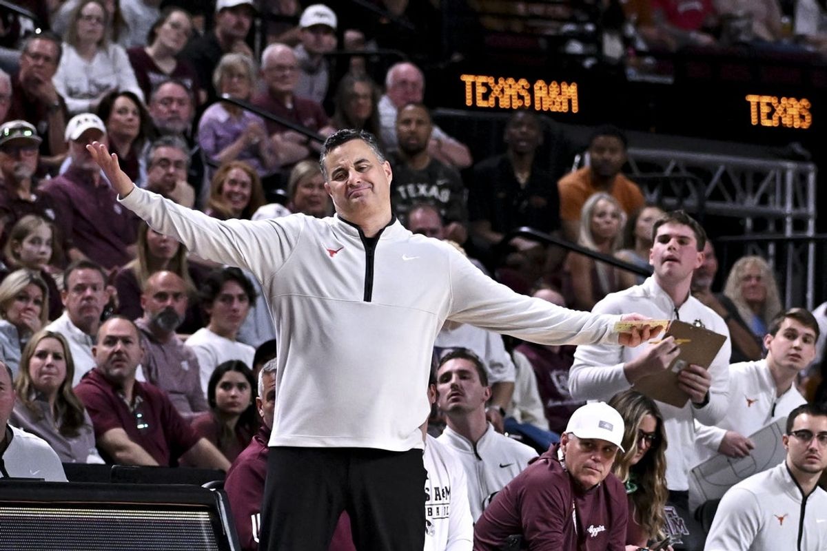 Feb 28, 2026; College Station, Texas, USA; Texas Longhorns head coach Sean Miller reacts during the first half against the Texas A&M Aggies at Reed Arena. Mandatory Credit: Maria Lysaker-Imagn Images