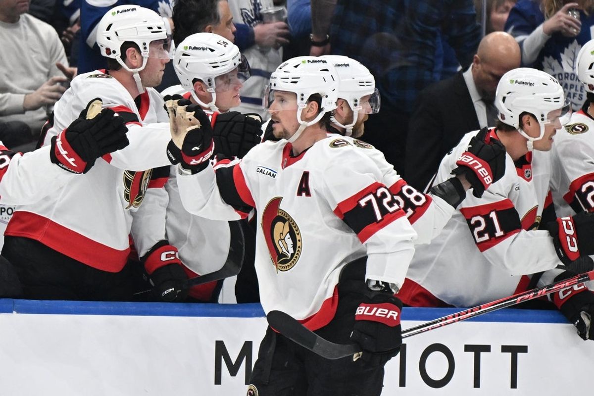 Feb 28, 2026; Toronto, Ontario, CAN;  Ottawa Senators defenseman Thomas Chabot (72) celebrates with team mates at the bench after scoring a goal against the Toronto Maple Leafs in the first period at Scotiabank Arena. Mandatory Credit: Dan Hamilton-Imagn Images