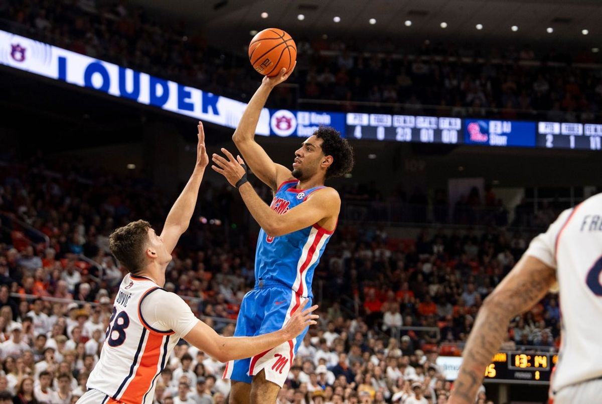 Ole Miss Rebels guard Ilias Kamardine (6) shoots a floater as Auburn Tigers take on Ole Miss Rebels at Neville Arena in Auburn, Ala. on Saturday, Feb. 28, 2026.