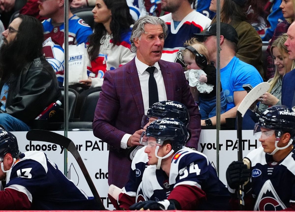 Feb 28, 2026; Denver, Colorado, USA; Colorado Avalanche head coach Jared Bednar on the bench in the third period against the Chicago Blackhawks at Ball Arena. Mandatory Credit: Ron Chenoy-Imagn Images