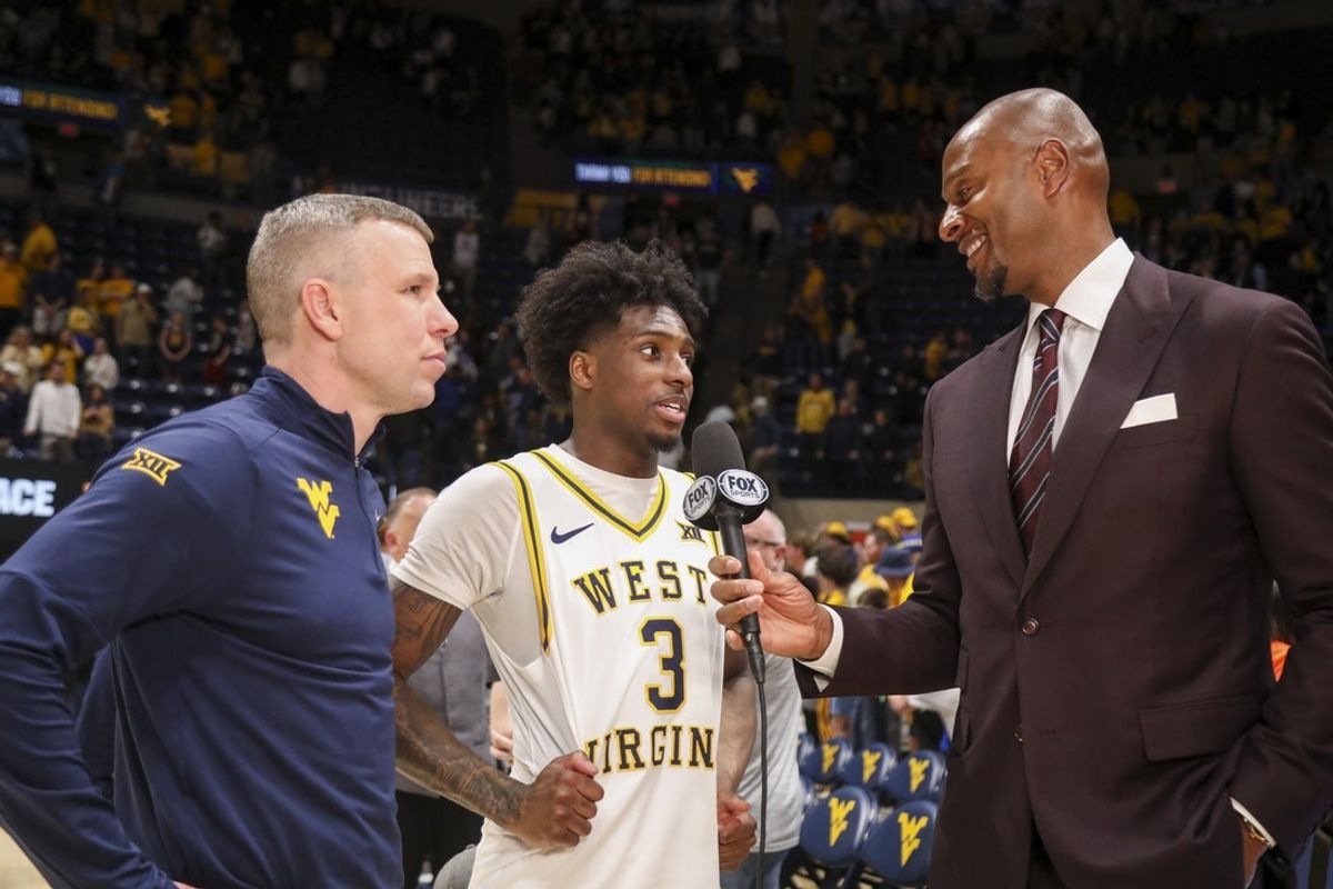 Feb 28, 2026; Morgantown, West Virginia, USA; West Virginia Mountaineers guard Honor Huff (3) is interviewed after the game after defeating the BYU Cougars at Hope Coliseum. Mandatory Credit: Ben Queen-Imagn Images