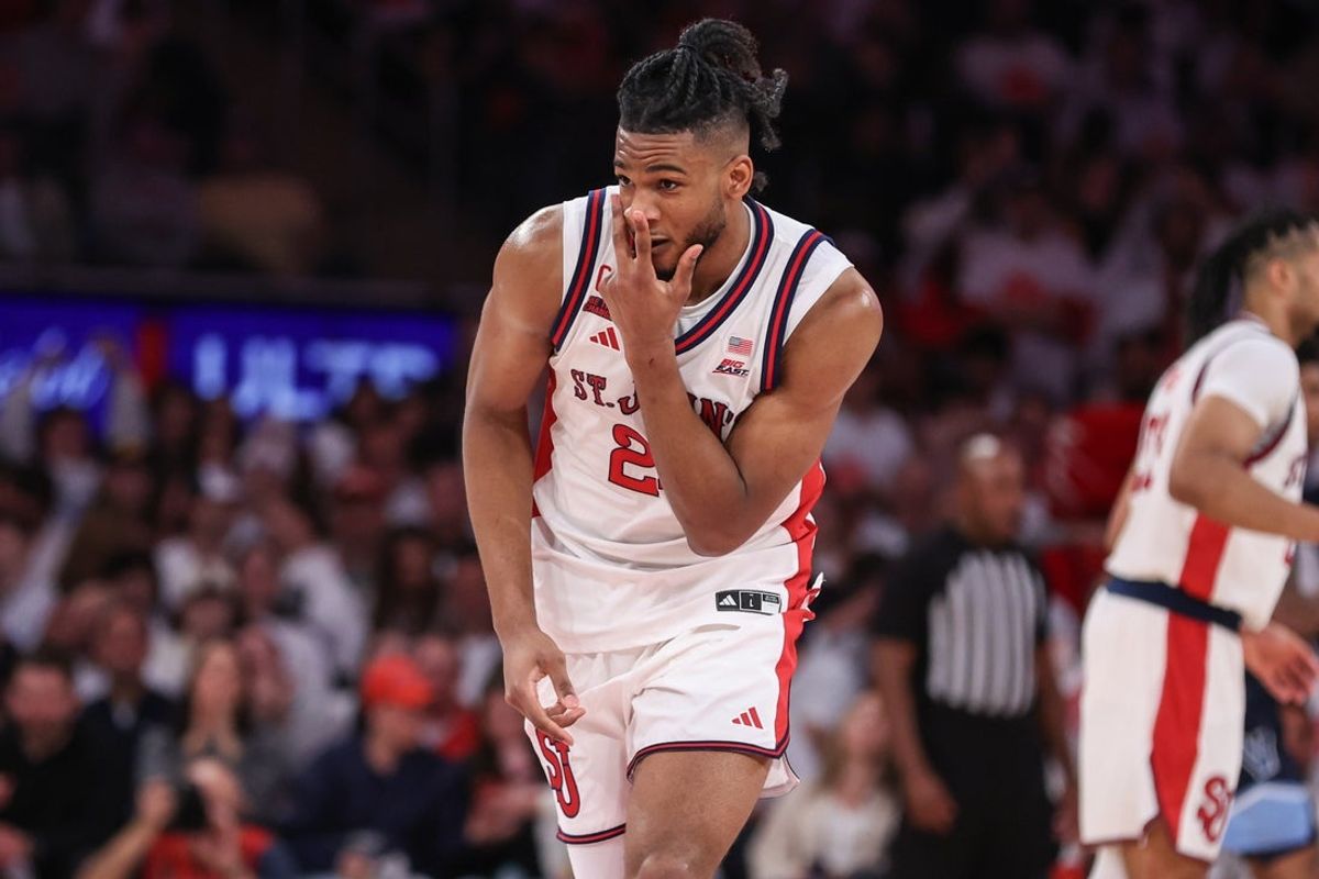 Feb 28, 2026; New York, New York, USA;  St. John's Red Storm forward Zuby Ejiofor (24) gestures after making a three point shot in the first half against the Villanova Wildcats at Madison Square Garden. Mandatory Credit: Wendell Cruz-Imagn Images